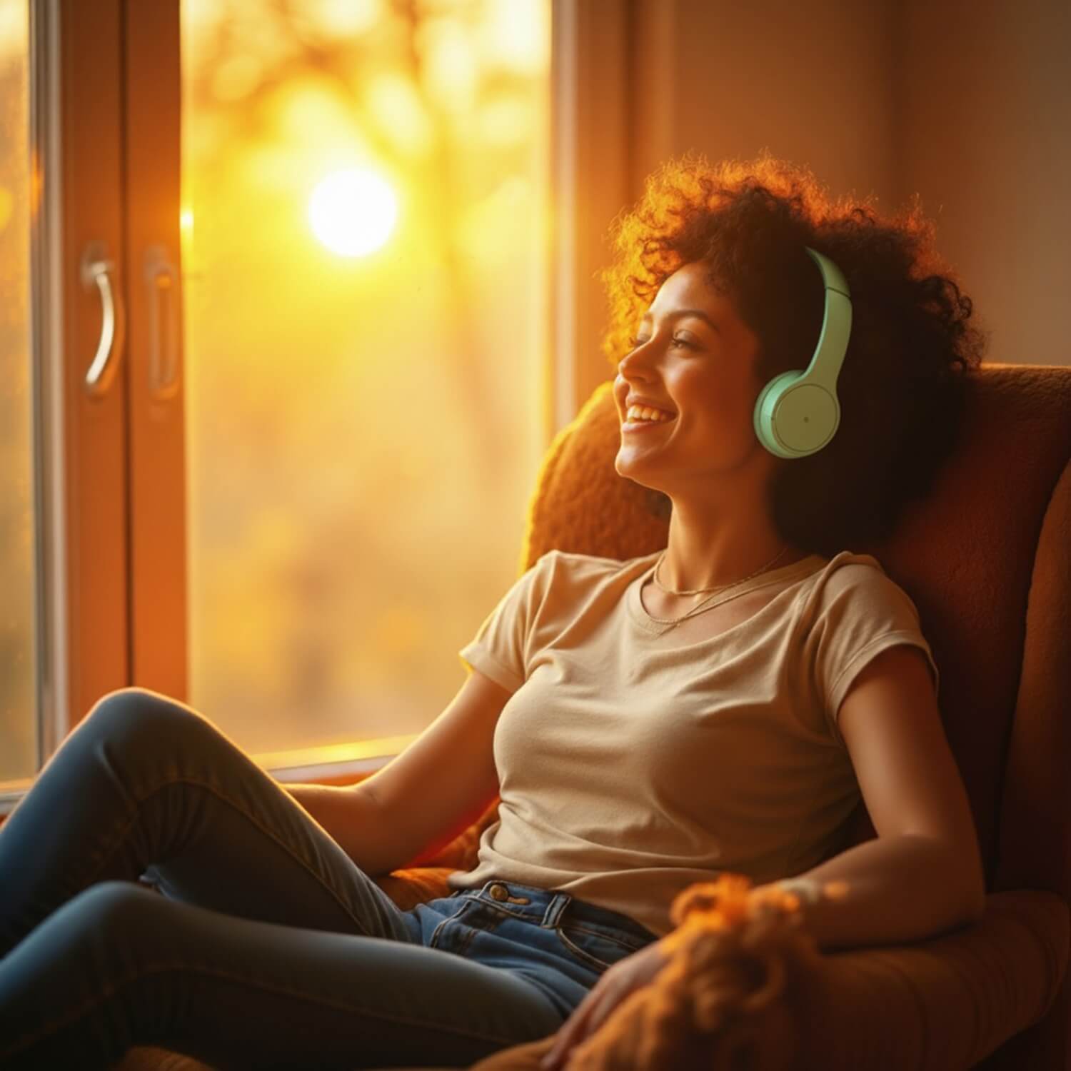 Młoda dziewczyna siedząca wygodnie w fotelu i wyglądająca przez okno. Ma ciemne spodnie, jasny tshirt i turkusowe słuchawki na uszach.