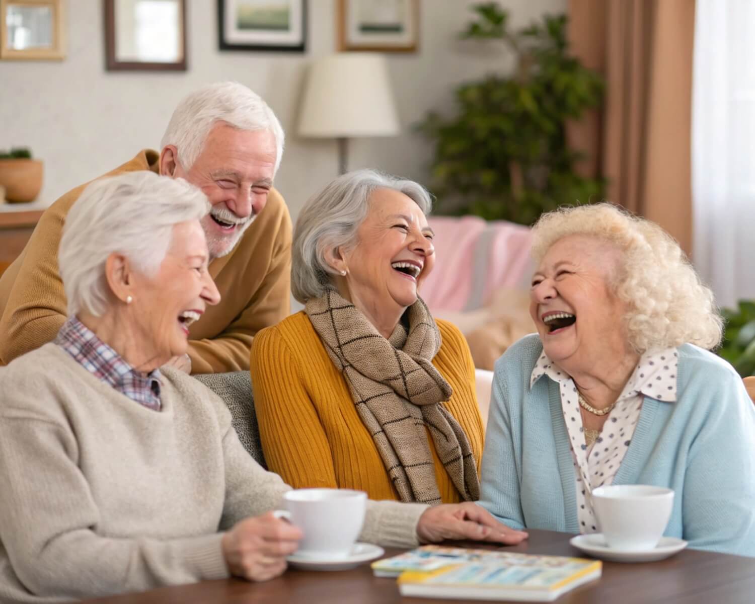 Grupa starszych ludzi śmiejąca się i popijająca herbatę.